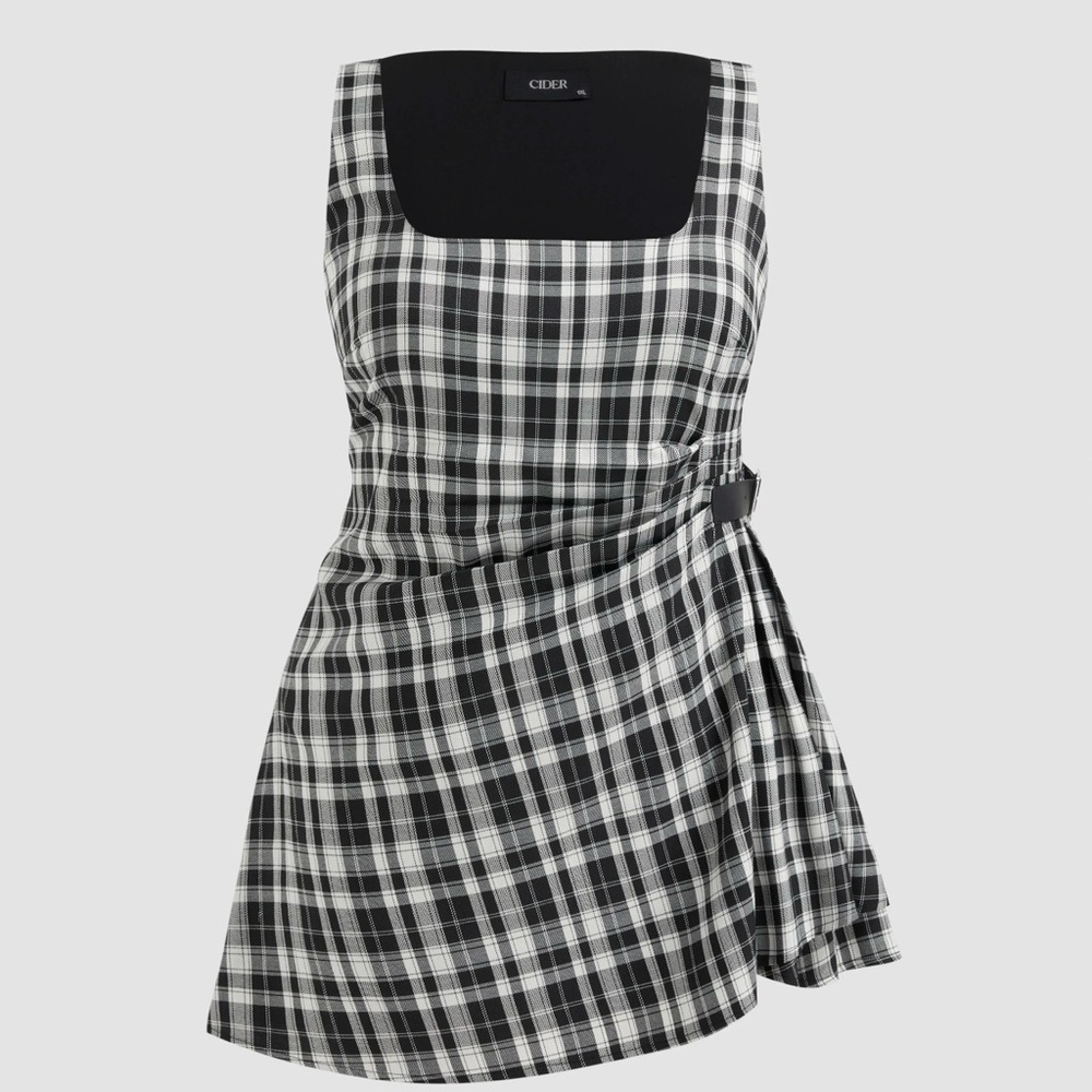 U-NECKLINE PLAID RUCHED BELTED MINI DRESS CURVE & PLUS